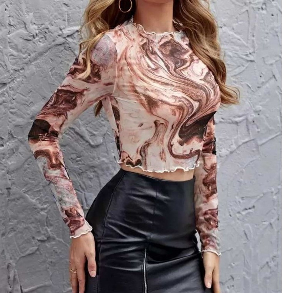 Shein Pink Gray Sheer Marble Print Long Sleeve Crop Top Lettuce Edge size Large